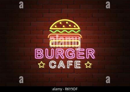 Incandescente insegna al neon burger cafe illustrazione vettoriale sul muro di mattoni in background Illustrazione Vettoriale