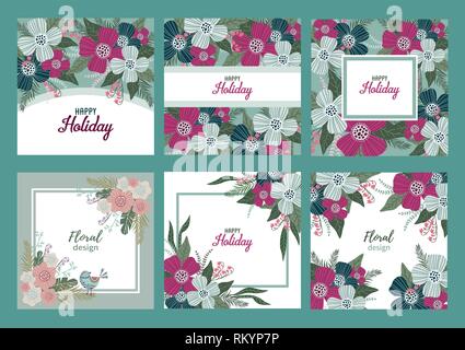 Happy Holiday. Set di modelli per le schede e i banner con graziosi fiori scarabocchi, vettore Illustrazione Vettoriale