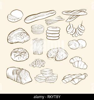 Pane e prodotti da forno, icone disegnate a mano illustrazione vettoriale Illustrazione Vettoriale