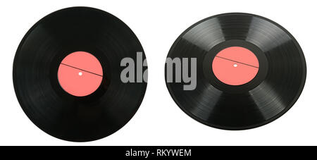 Impostare i dischi in vinile con angoli di ripresa differenti isolati su sfondo bianco. Foto Stock