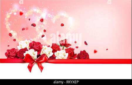Il giorno di San Valentino il vettore banner. Felice il giorno di san valentino biglietto di auguri con rose, cuori di elementi di forma e il nastro. Il decor del vettore con nastro e le rose Illustrazione Vettoriale