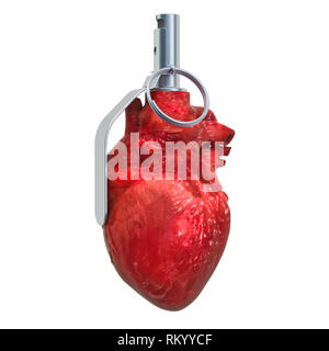 Attacco di cuore, malattia cardiaca concetto. Il cuore umano come bombe a mano. 3D rendering isolati su sfondo bianco Foto Stock