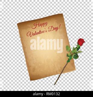Happy Valentines Day Greeting Card Banner. Vecchio Grungy carta pergamena e elegante altamente dettagliata rosa rossa sullo stelo sfondo trasparente. Vintag usurati Illustrazione Vettoriale