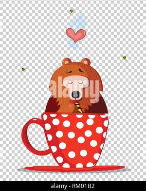 Cartoon carino Orsacchiotto seduta di caratteri in rosso Cup con la Polka Dots Pattern e leccare la zampa con il dolce miele. Api volare intorno. Cuore in vapore isolare Illustrazione Vettoriale