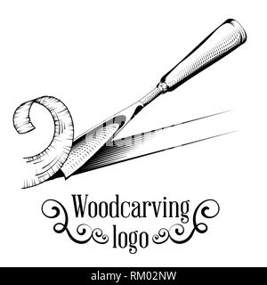 Logotipo di scultura illustrazione con uno scalpello, il taglio di una fetta di legno, stile vintage il logo in bianco e nero incisione isolato. Illustrazione Vettoriale