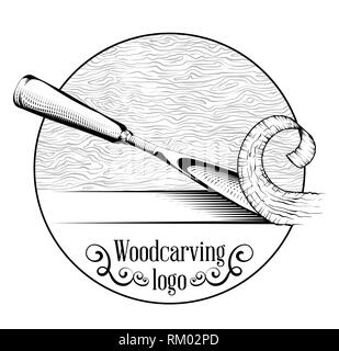 Logotipo di scultura illustrazione con uno scalpello, il taglio di una fetta di legno, stile vintage il logo in bianco e nero incisione isolato. Illustrazione Vettoriale