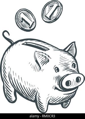 Salvadanaio e monete, sketch. Business Banking concetto. Disegnato a mano illustrazione vettoriale Illustrazione Vettoriale