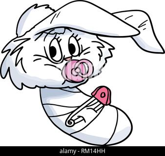 Cartoon baby bunny swaddled in un pezzo di stoffa tenendo un succhietto nella sua bocca illustrazione vettoriale Illustrazione Vettoriale