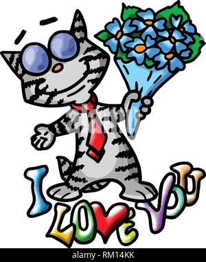 Cartoon cat dire ti amo in modo più bello tenendo un mazzo di fiori illustrazione vettoriale il giorno di san valentino, 14 febbraio Illustrazione Vettoriale