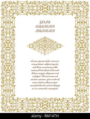 Oro cornice rettangolare. Ornati in vignette per la tua progettazione schede, inviti. Elemento in stile arabo. Illustrazione Vettoriale. Illustrazione Vettoriale