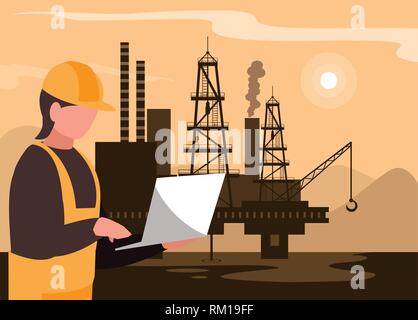 Industria petrolifera in scena con la piattaforma marina e lavoratore disegno vettoriale Illustrazione Vettoriale