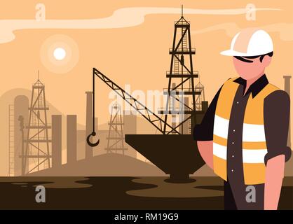 Industria petrolifera in scena con la piattaforma marina e lavoratore disegno vettoriale Illustrazione Vettoriale