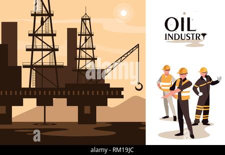 Industria petrolifera in scena con la piattaforma marina e lavoratori illustrazione vettoriale design Illustrazione Vettoriale