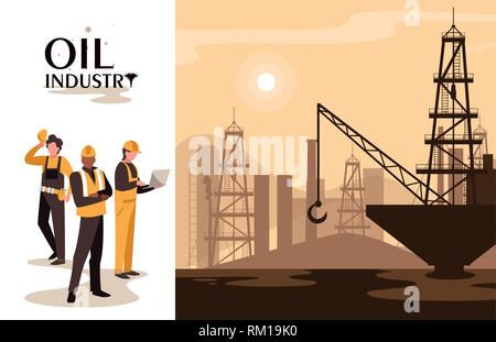 Industria petrolifera in scena con la piattaforma marina e lavoratori illustrazione vettoriale design Illustrazione Vettoriale