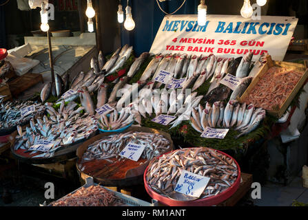 Pesci presentati per la vendita al mercato di Istanbul Foto Stock