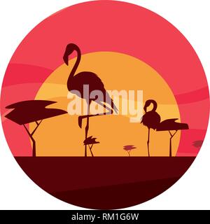 Uccelli fenicotteri al tramonto paesaggio illustrazione vettoriale Illustrazione Vettoriale