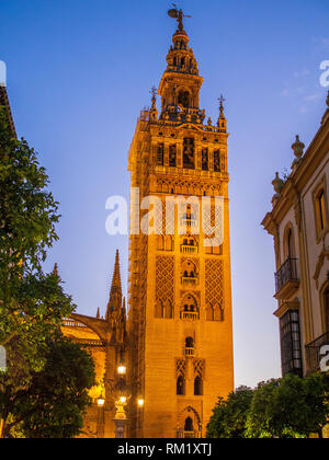 Cattedrale di Siviglia è intricato del XII secolo giralda, precedentemente un minareto. Costruito sul sito di Moorish del XII secolo moschea Almohade, la cattedrale è Foto Stock