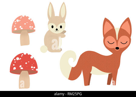 Carino Fox, coniglio e funghi isolati su bianco, disegnati a mano illustrazione. Foto Stock
