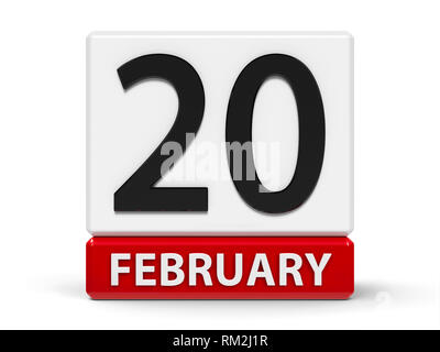 Rosso e bianco sull'icona del calendario dai cubi - il ventesimo di febbraio - su un tavolo bianco - Giornata Mondiale della giustizia sociale, tridimensionale, rendering 3D i Foto Stock