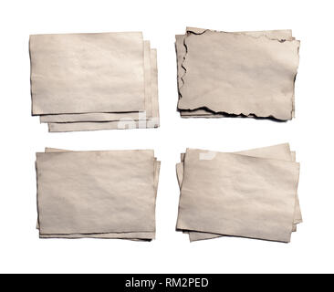 Set di vecchi pezzi di vuoto di antichi vintage sbriciolamento manoscritto cartaceo o pergamena orientato orizzontalmente isolato su bianco Foto Stock