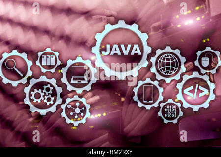 Java Programming concept. Macchina virtuale. Sul server di sottofondo in camera Foto Stock