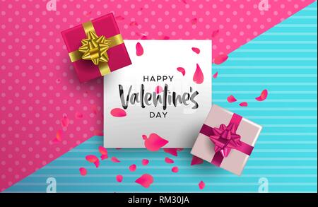 Happy Valentines Day illustrazione. 3d realistica layout elemento in colore rosa: confezione regalo petali di fiore decorazione dalla parte superiore angolo di vista. Illustrazione Vettoriale