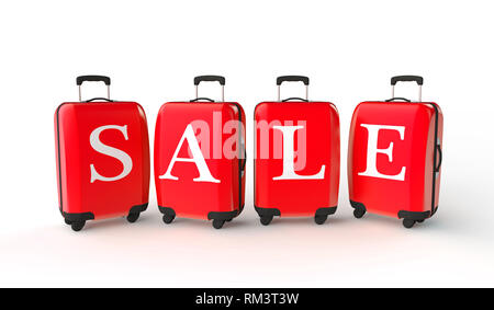 Promozione per l'estate. Bagagli con messaggio di vendita. Il rendering 3D Foto Stock