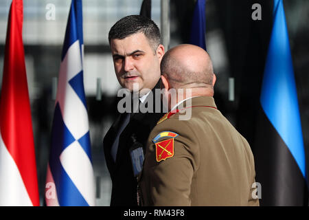 Bruxelles, Belgio. Xiii Febbraio, 2019. Il ministro rumeno di difesa Gabriel-Beniamin Les arriva per i ministri della difesa NATO incontro presso la sede della NATO a Bruxelles, Belgio, Feb 13, 2019. Credito: Zheng Huansong/Xinhua/Alamy Live News Foto Stock