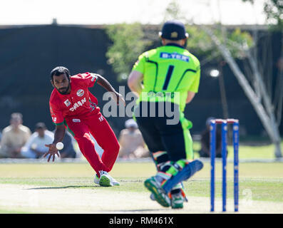 Muscat Oman. Xiii Febbraio, 2019. Pic mostra: grande fermata da Oman's Muhammad Nadeem come Irlanda prendere su Oman il primo giorno dell'Oman serie quadrangolare. Credito: Ian Jacobs/Alamy Live News Foto Stock