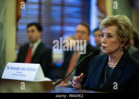 Washington DC, Stati Uniti d'America. Xiii Febbraio, 2019. Linda McMahon, Amministratore della U.S. Small Business Administration testimonia durante un comitato del Senato sulle piccole imprese e imprenditorialità udienza del Campidoglio di Washington, DC il 13 febbraio 2019. Credito: Alex Edelman/CNP /MediaPunch Credito: MediaPunch Inc/Alamy Live News Foto Stock