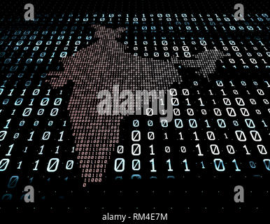 Matrice di rete a codice binario, mappa India, trasmissione e memorizzazione dei dati Foto Stock