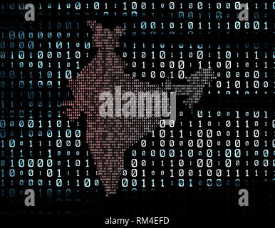 Matrice di rete a codice binario, mappa India, trasmissione e memorizzazione dei dati Foto Stock
