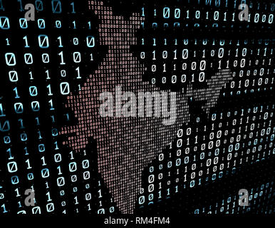 Matrice di rete a codice binario, mappa India, trasmissione e memorizzazione dei dati Foto Stock