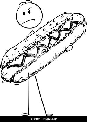 Cartoon di Angry Man Holding Big Hot Dog Illustrazione Vettoriale