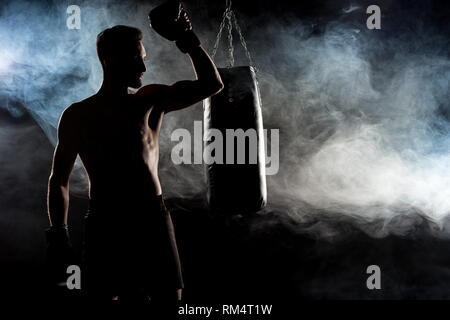 Silhouette di un atleta muscolare in i guantoni con nero fumo Foto Stock