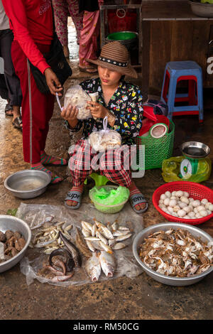 Cambogia, Kampot Provincia, Kampot, Psar Samaki, Mercato Centrale , venditore di pesce di ispezionare sacchi di funghi Foto Stock