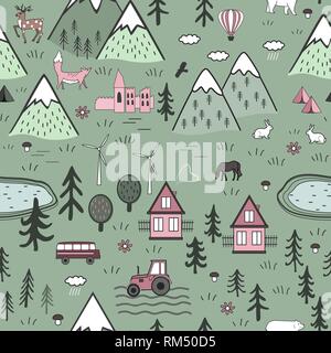 Carino disegnato a mano vettore scandinavo Seamless pattern con case, gli animali, gli alberi, antico castello e le montagne. Natura nordica concetto del paesaggio. Illustrazione Vettoriale