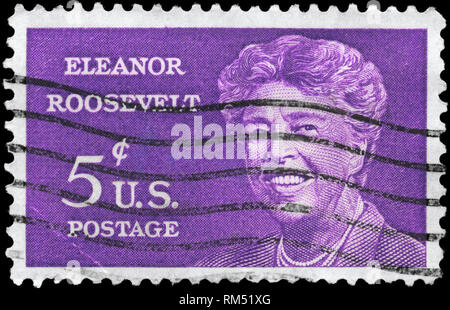Stati Uniti - circa 1963: un timbro stampato negli Stati Uniti mostra il ritratto di Eleanor Roosevelt (1884-1962), circa 1963 Foto Stock
