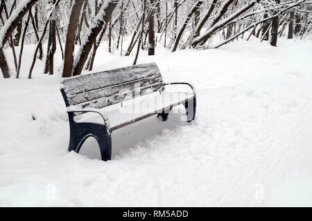 Vuoto in legno marrone panchetta outdoor nel parco in giornata invernale vista laterale vista dettagliata Foto Stock