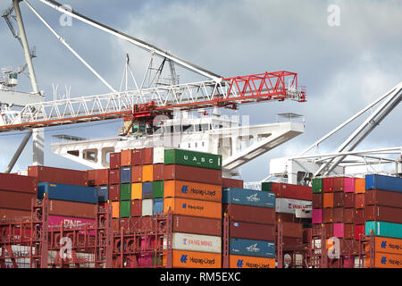 Nave portacontainer ultra-large lunga 400 metri, BARZAN, carico e scarico nel terminal container di Southampton, Regno Unito. Foto Stock