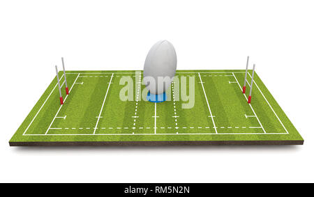 Passo di rugby con sfera e pali. 3D Render Foto Stock