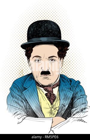 Charlie Chaplin ritratto in linea tecnica illustrazione.. Egli era inglese attore comico, movie maker e compositore che rose la fama in epoca di film muto. Illustrazione Vettoriale