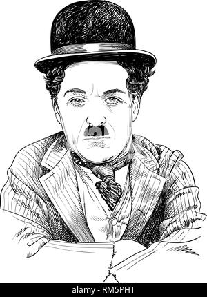 Charlie Chaplin ritratto in linea tecnica illustrazione. Egli era inglese attore comico, movie maker e compositore che rose la fama in epoca di film muto. Illustrazione Vettoriale