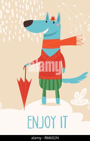 Scheda vettore con il cartoon gli animali del bosco wolf Illustrazione Vettoriale