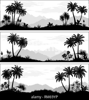 Impostare paesaggi esotici, palme, piante tropicali e fiori e montagne grigio e nero Silhouette. Vettore Illustrazione Vettoriale