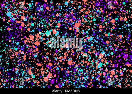 Il neon verde, viola e corallo round casuale gli spruzzi di vernice su sfondo nero. Abstract texture colorati per il design e il decor Foto Stock