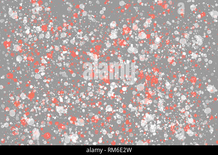 Coralli viventi colore dell'anno 2019. Bianco brillante e corallo round casuale gli spruzzi di vernice su sfondo grigio. Abstract texture colorate Foto Stock