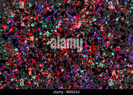 Coralli viventi colore dell'anno 2019. Nero lucido, verde, viola e corallo round casuale gli spruzzi di vernice su sfondo grigio. Texture astratta Foto Stock