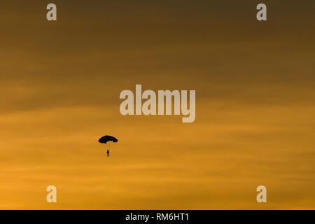 Silhouette di parachutist battenti lentamente sul paracadute nel bellissimo cielo al tramonto. Foto Stock