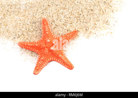 Sabbia e una stella di mare su sfondo bianco Foto Stock